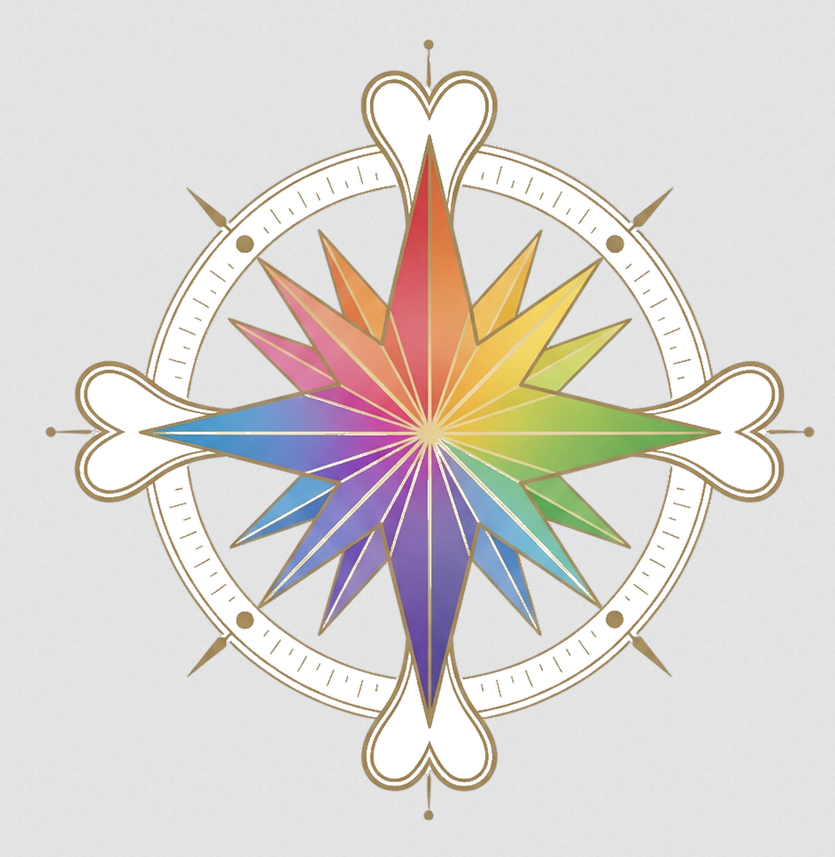 Love Atlas logo: a compass rose with a multicolored radiant star at its center, framed by a gold ring with four heart-shaped cardinal points.