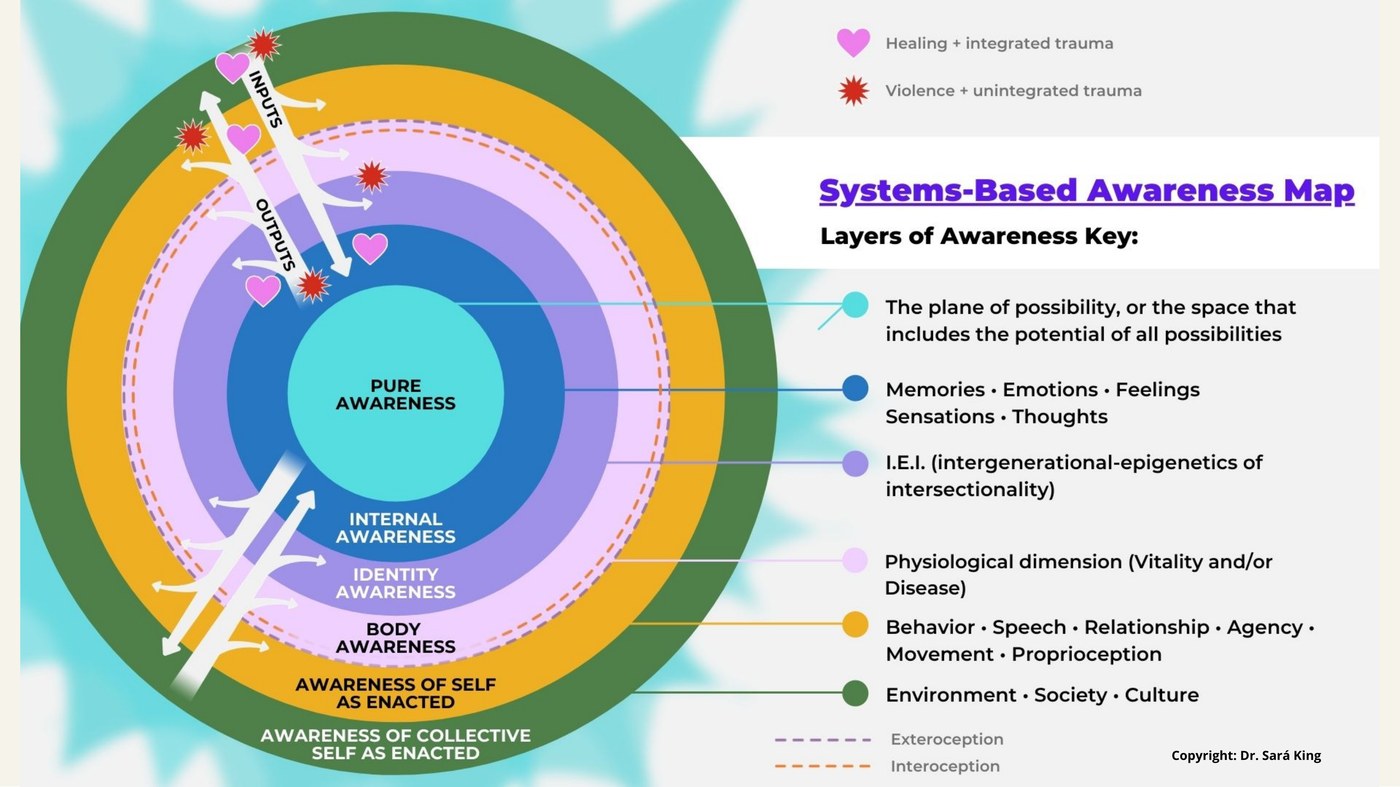 The Systems-Based Awareness Map (SBAM) by Dr. Sará King — a diagram of concentric rings of awareness moving outward from pure awareness at the center, through internal awareness, identity awareness, body awareness, awareness of self as enacted, and awareness of collective self as enacted, with markers for healing (integrated trauma) and violence (unintegrated trauma).
